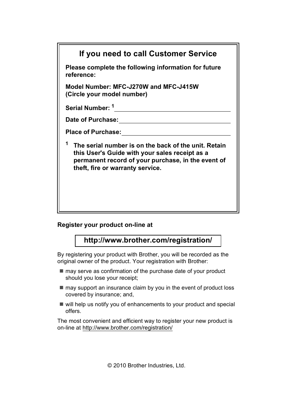 If you need to call customer service | Brother MFC-J270W User Manual | Page 2 / 122