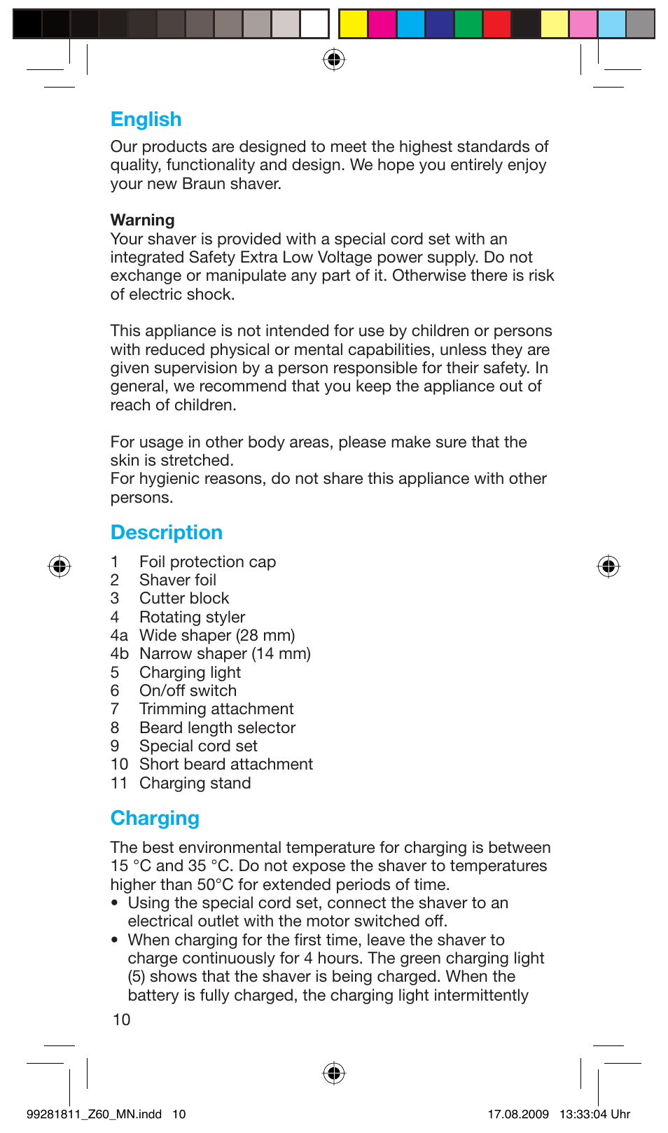 English, Description, Charging | Braun Z60 Cruzer4, body&face User Manual | Page 10 / 66
