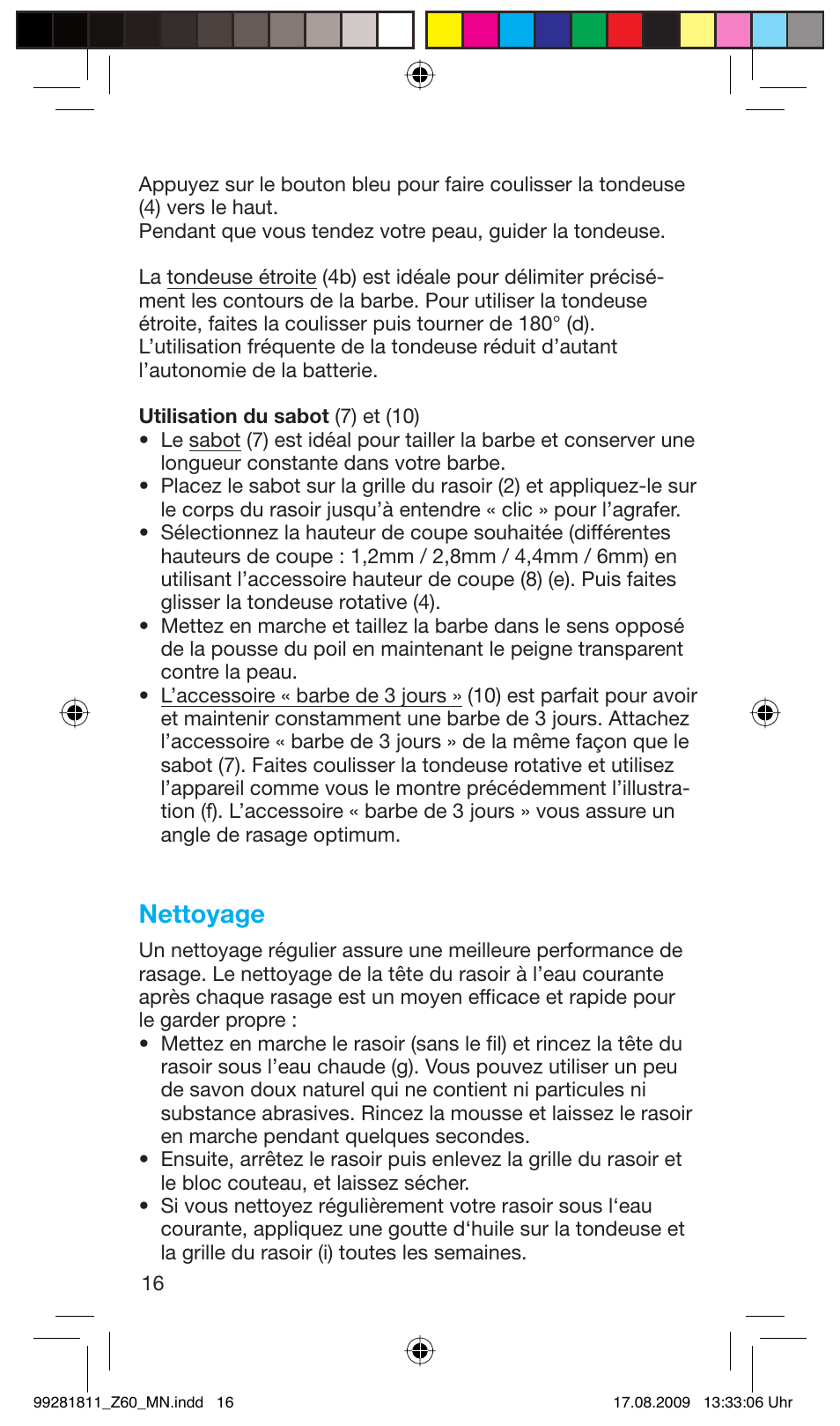 Nettoyage | Braun Z60 Cruzer4, body&face User Manual | Page 16 / 66