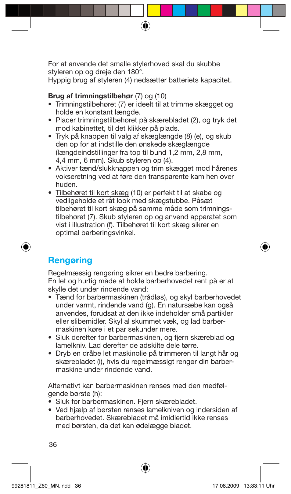 Rengøring | Braun Z60 Cruzer4, body&face User Manual | Page 36 / 66