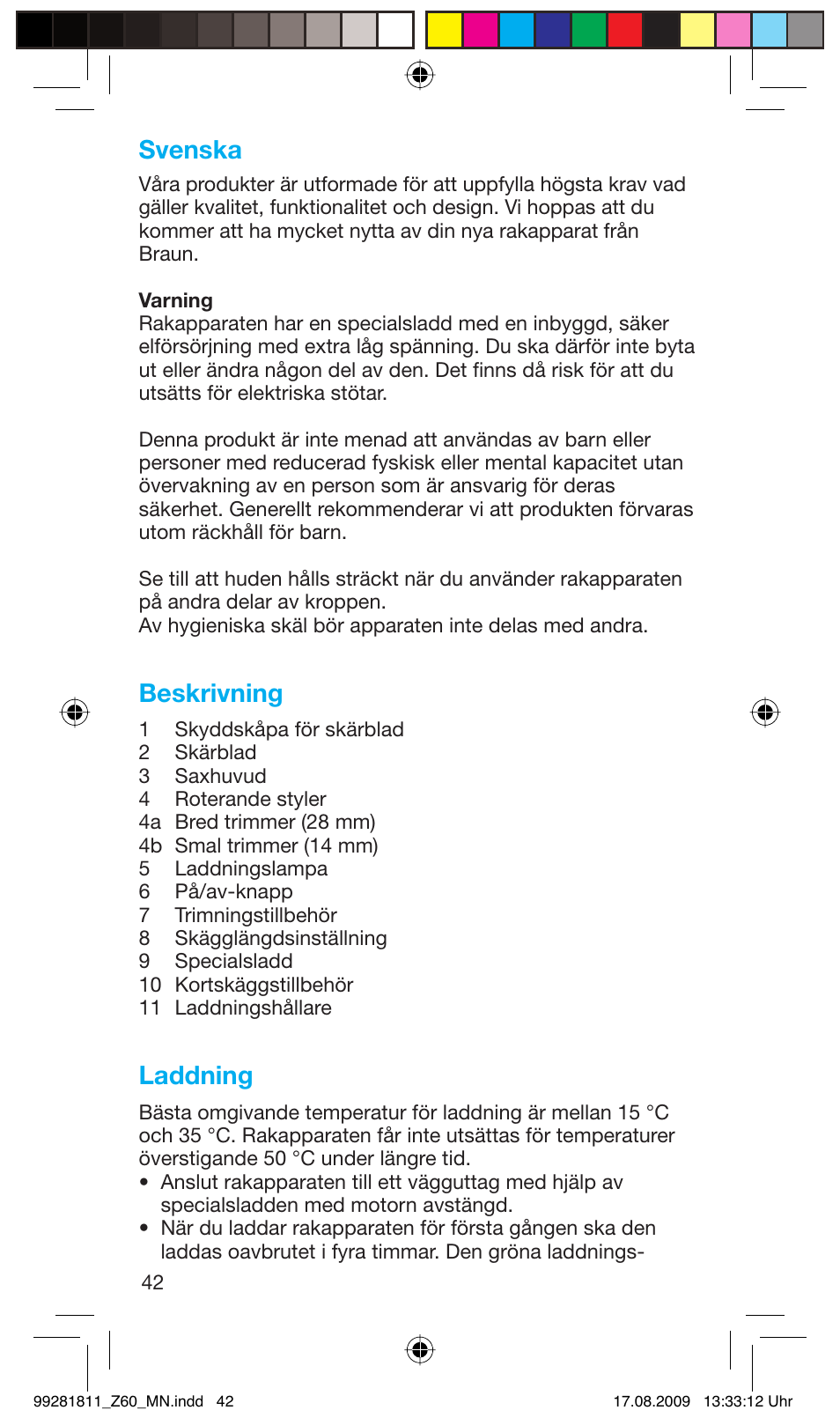 Svenska, Beskrivning, Laddning | Braun Z60 Cruzer4, body&face User Manual | Page 42 / 66
