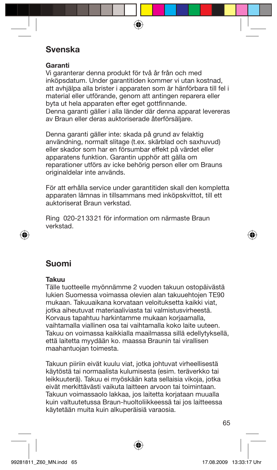 Svenska, Suomi | Braun Z60 Cruzer4, body&face User Manual | Page 65 / 66