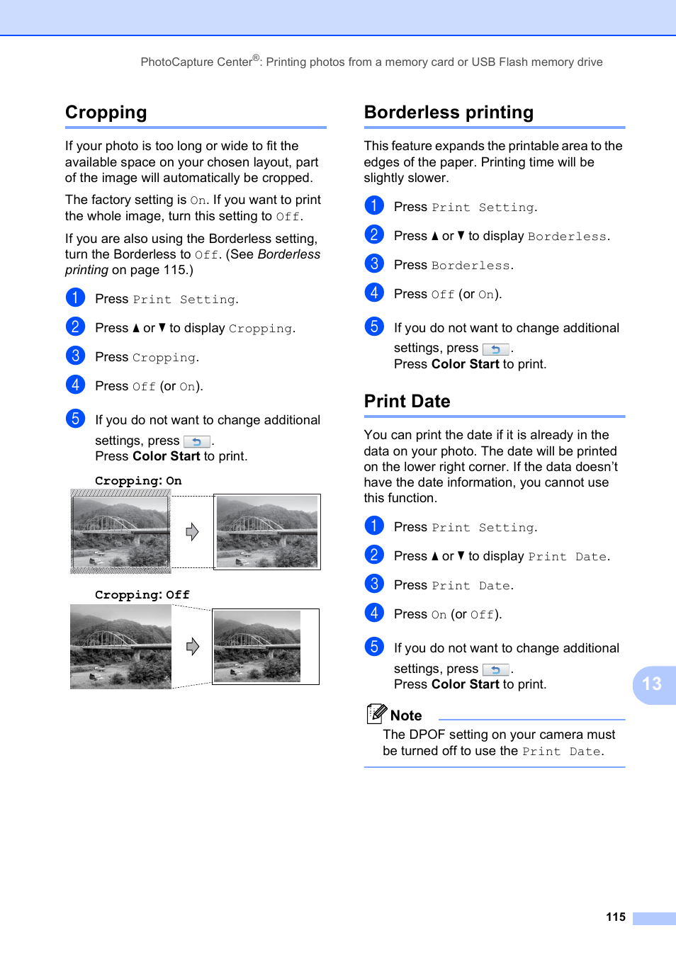Cropping, Borderless printing, Print date | Cropping borderless printing print date, 13 cropping | Brother MFC-795CW User Manual | Page 131 / 240