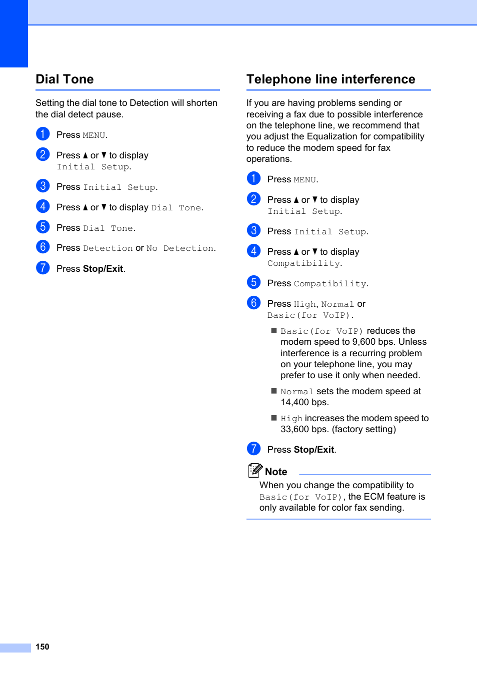 Dial tone, Telephone line interference, Dial tone telephone line interference | Brother MFC-795CW User Manual | Page 166 / 240