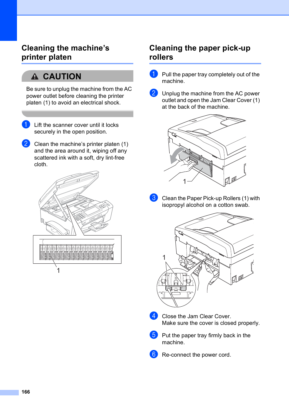 Cleaning the machine’s printer platen, Cleaning the paper pick-up rollers, Caution | Brother MFC-795CW User Manual | Page 182 / 240