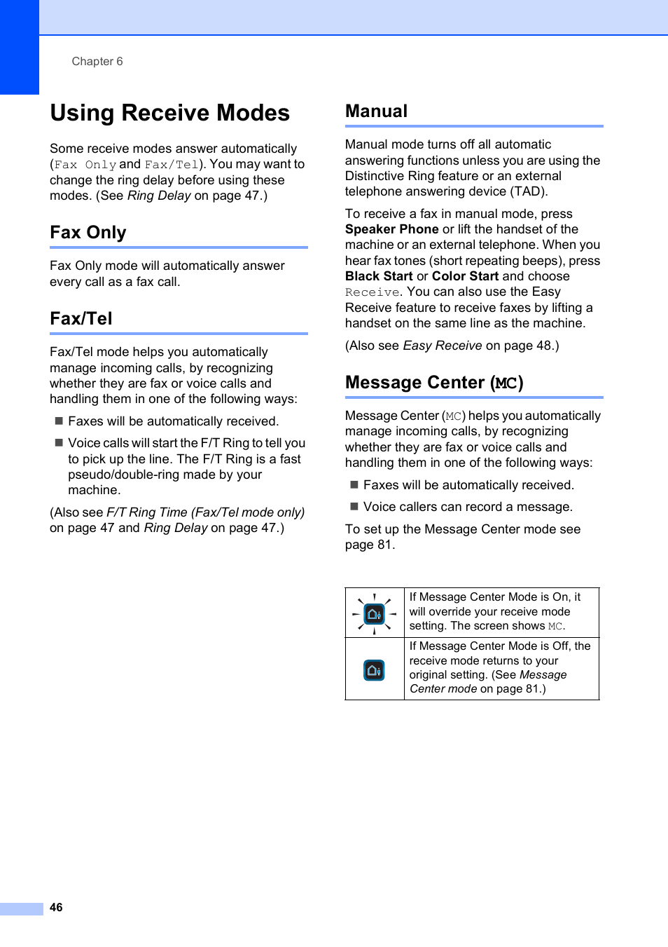 Using receive modes, Fax only, Fax/tel | Manual, Message center (mc), Fax only fax/tel manual message center (mc) | Brother MFC-795CW User Manual | Page 62 / 240