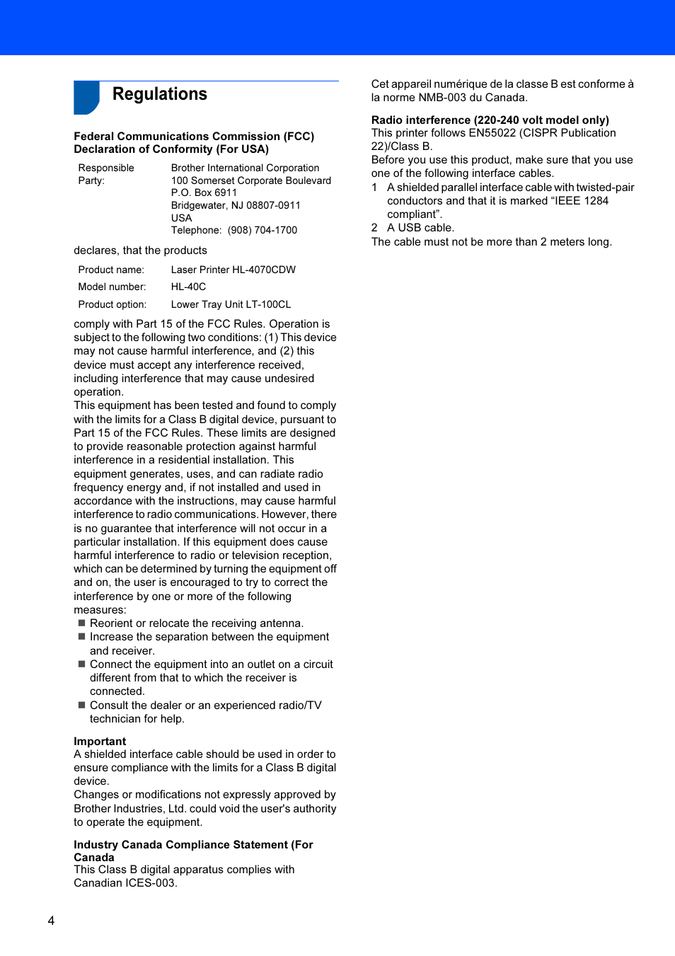 Regulations | Brother HL-4070CDW User Manual | Page 6 / 71