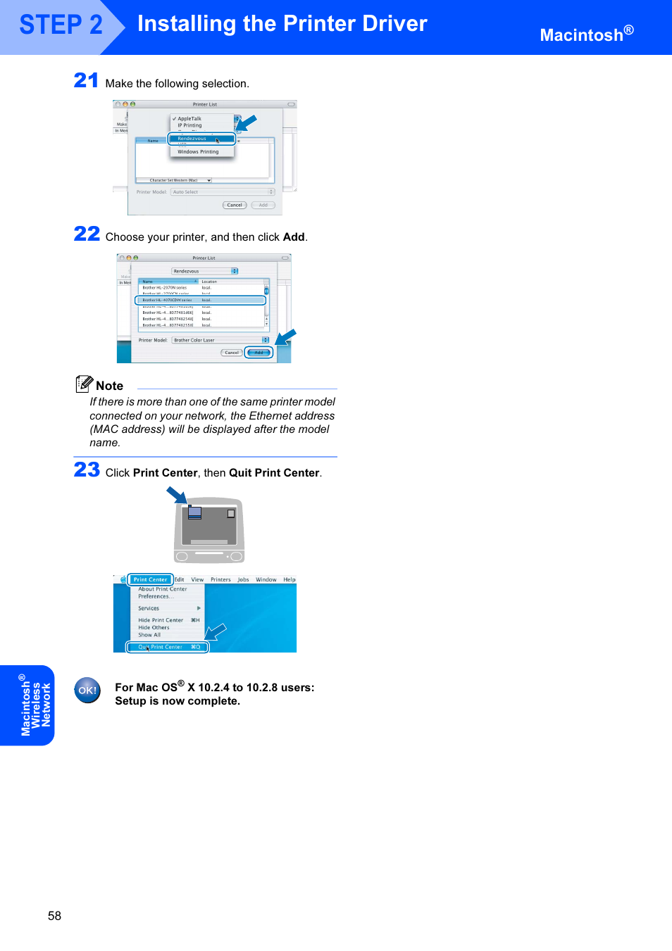 Step 2, Installing the printer driver, Macintosh | Brother HL-4070CDW User Manual | Page 60 / 71