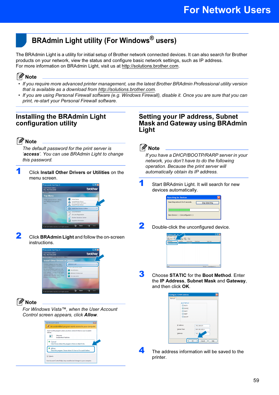 For network users, Bradmin light utility (for windows® users), Installing the bradmin light configuration utility | Bradmin light utility (for windows, Users) | Brother HL-4070CDW User Manual | Page 61 / 71