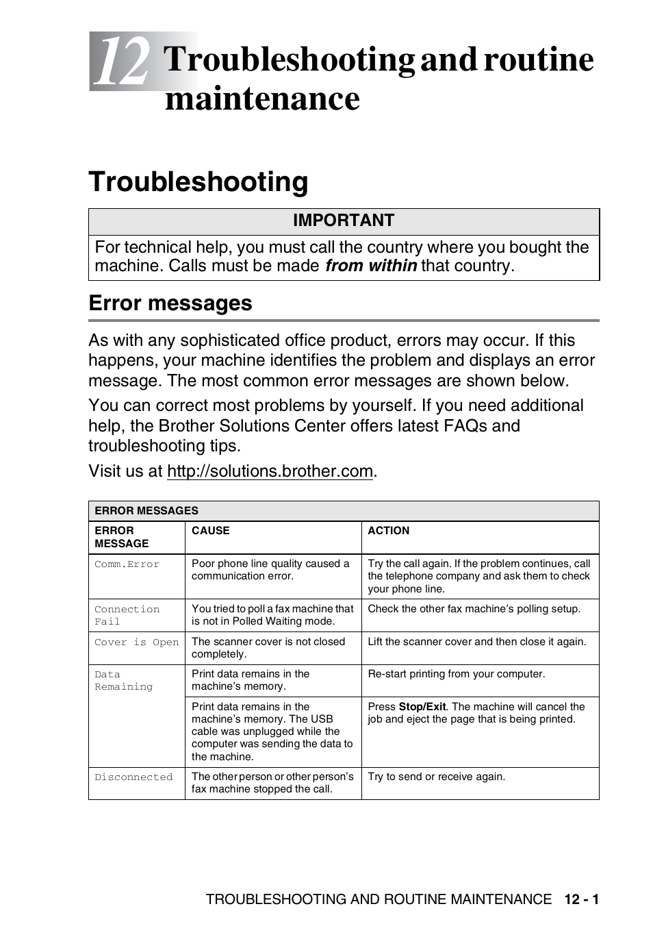 12 troubleshooting and routine maintenance, Troubleshooting, Error messages | Troubleshooting and routine maintenance -1, Troubleshooting -1, Error messages -1, Troubleshooting and routine maintenance | Brother FAX-2440C User Manual | Page 146 / 230