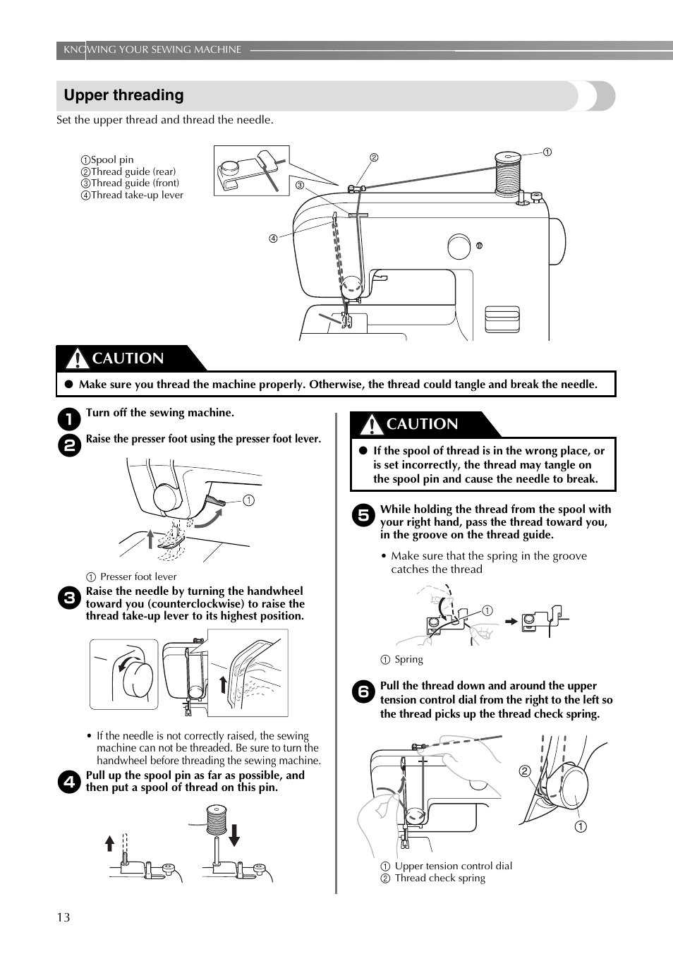 Upper threading, Caution | Brother VX3240 User Manual | Page 14 / 96