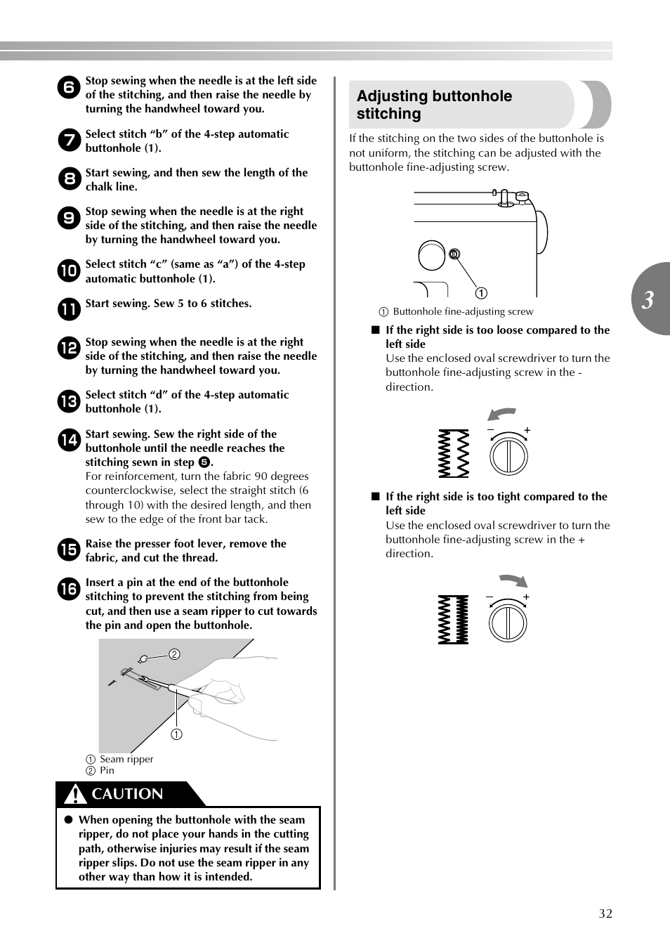 Adjusting buttonhole stitching, Caution | Brother VX3240 User Manual | Page 33 / 96