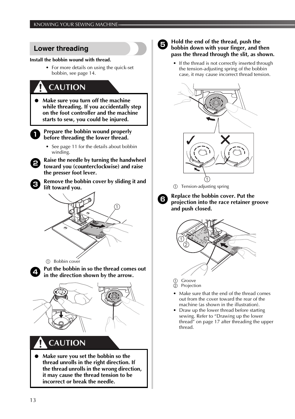 Caution, Lower threading | Brother JX2517 User Manual | Page 14 / 80