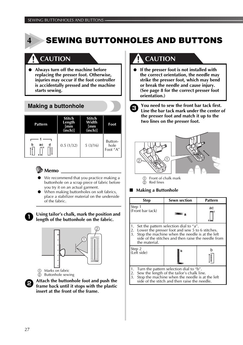 4sewing buttonholes and buttons, Caution, Making a buttonhole | Brother JX2517 User Manual | Page 28 / 80