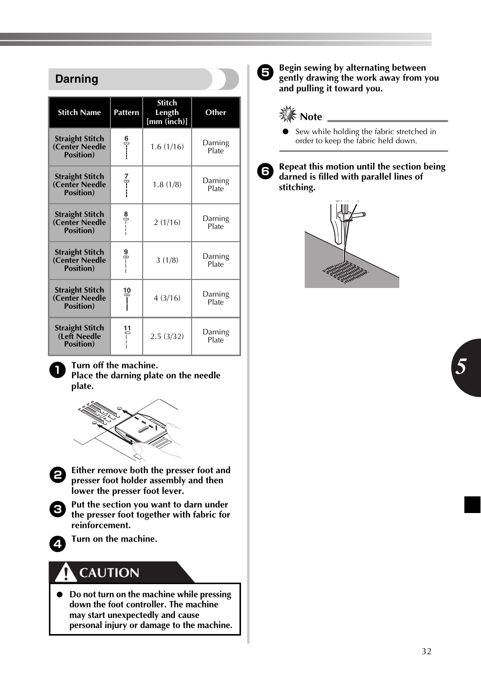 Caution, Darning | Brother JX2517 User Manual | Page 33 / 80