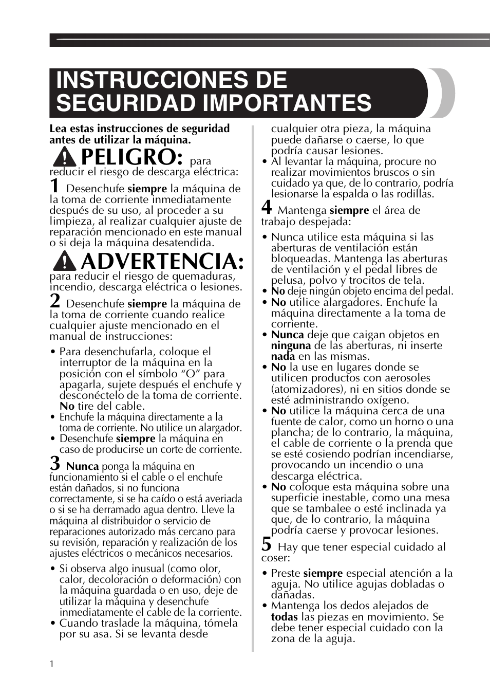 Instrucciones de seguridad importantes, Peligro, Advertencia | Para reducir el riesgo de descarga eléctrica | Brother JX2517 User Manual | Page 42 / 80