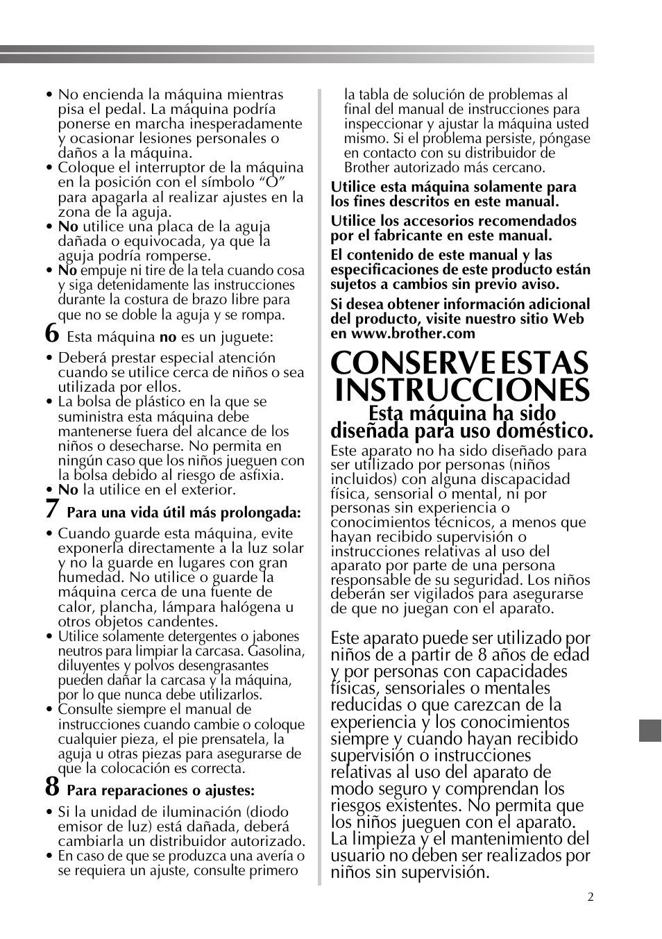 Conserve estas instrucciones, Esta máquina ha sido diseñada para uso doméstico | Brother JX2517 User Manual | Page 43 / 80