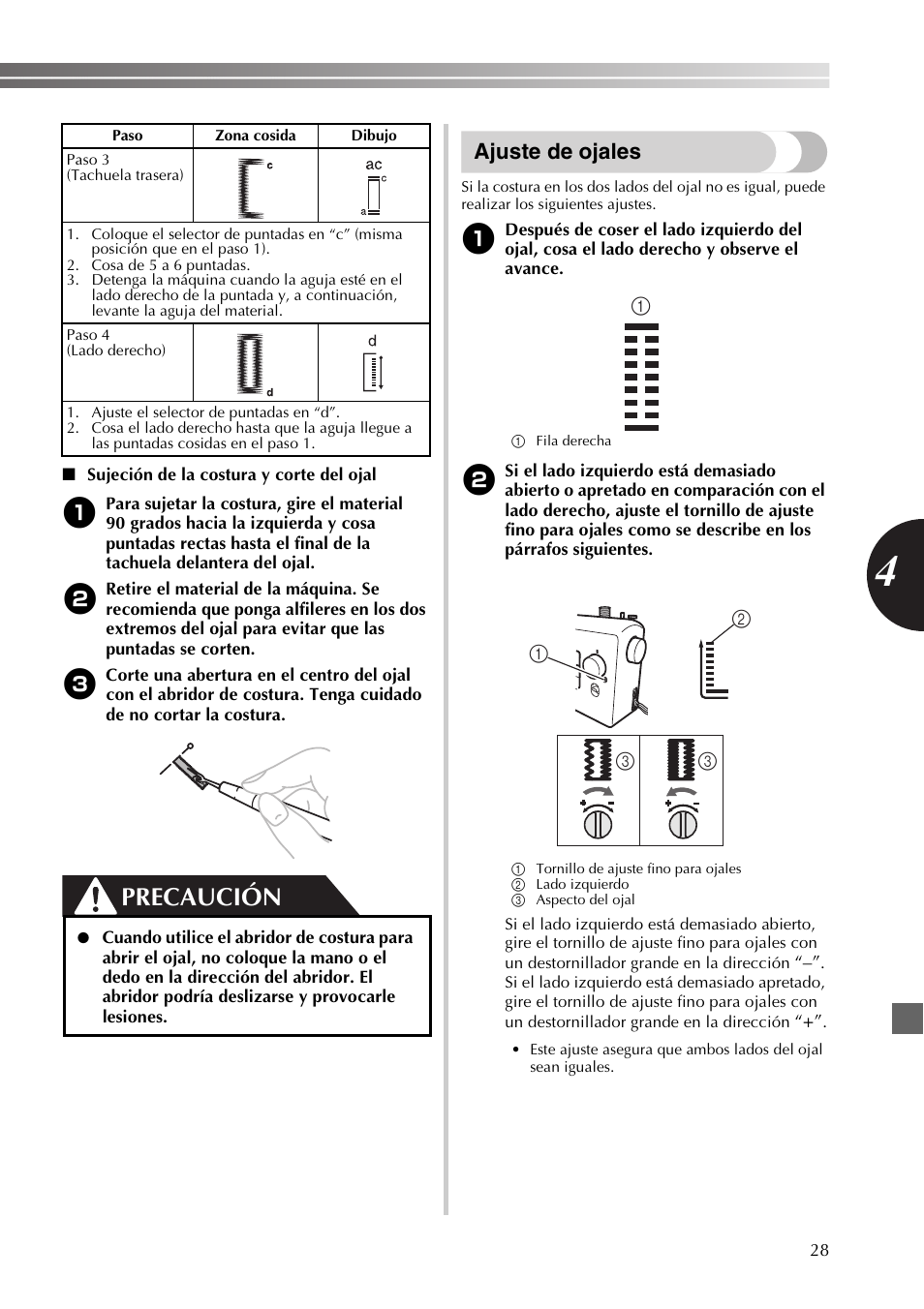 Precaución, Ajuste de ojales | Brother JX2517 User Manual | Page 69 / 80