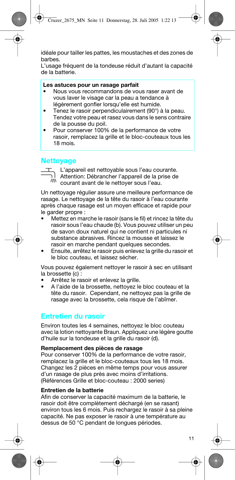 Nettoyage, Entretien du rasoir | Braun 2675 Cruzer User Manual | Page 11 / 47