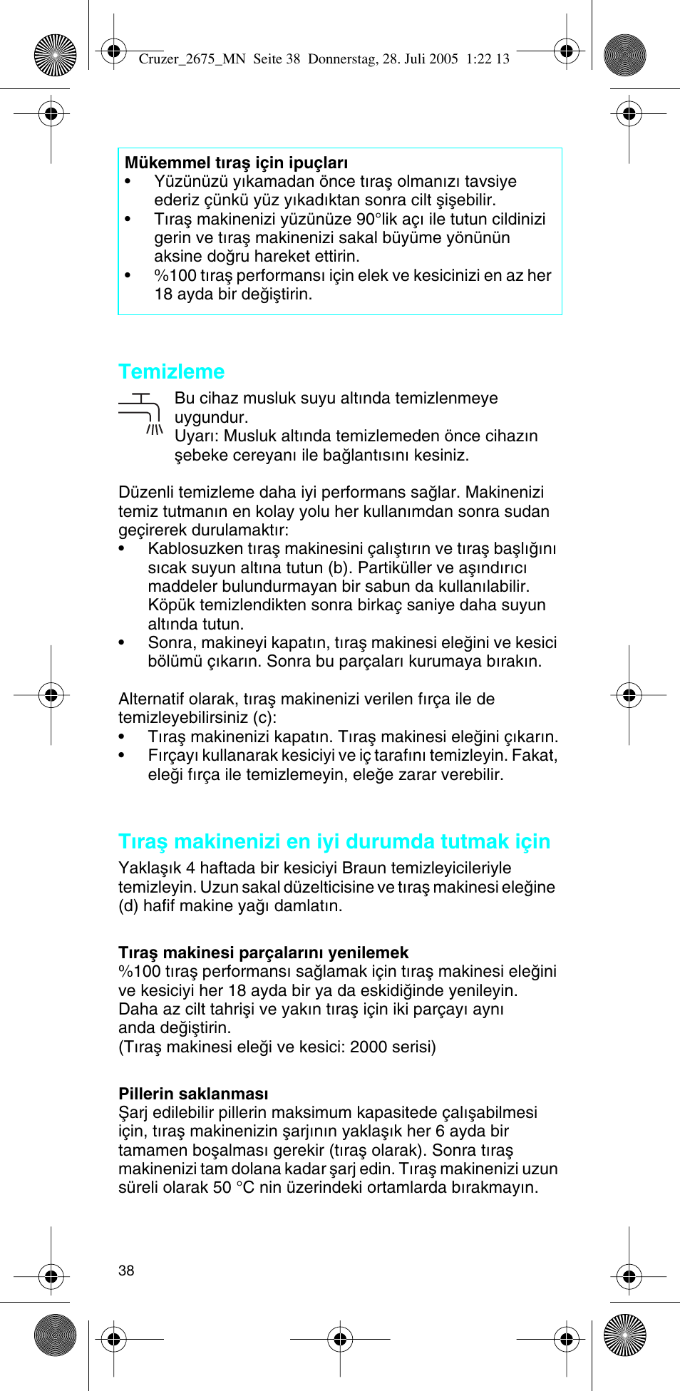 Temizleme, T∂raµ makinenizi en iyi durumda tutmak için | Braun 2675 Cruzer User Manual | Page 38 / 47