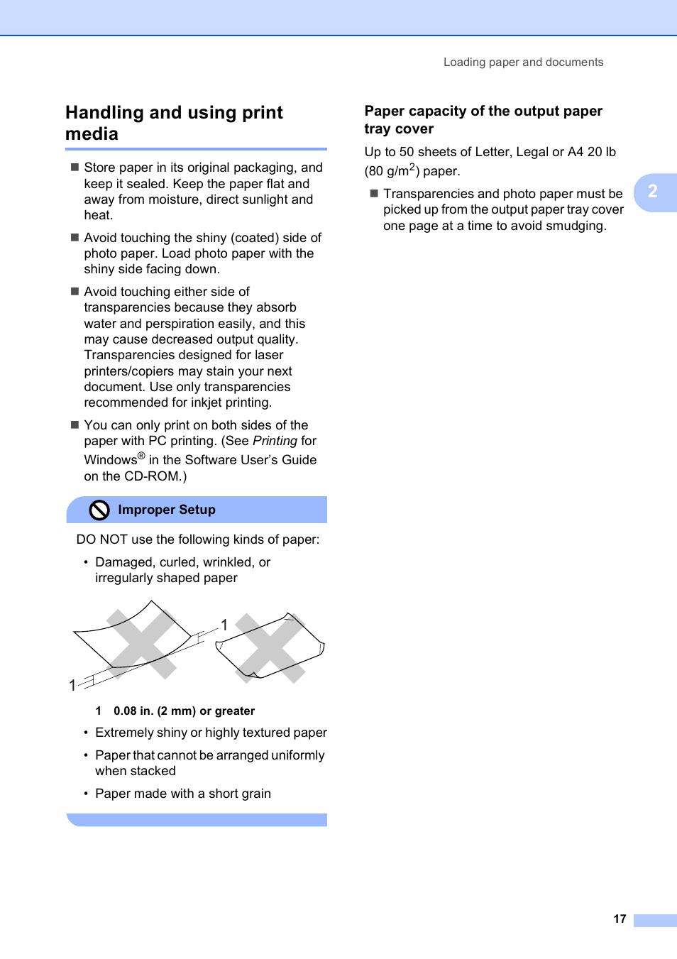 Handling and using print media, Paper capacity of the output paper tray cover, 2handling and using print media | Brother MFC-490CW User Manual | Page 33 / 216