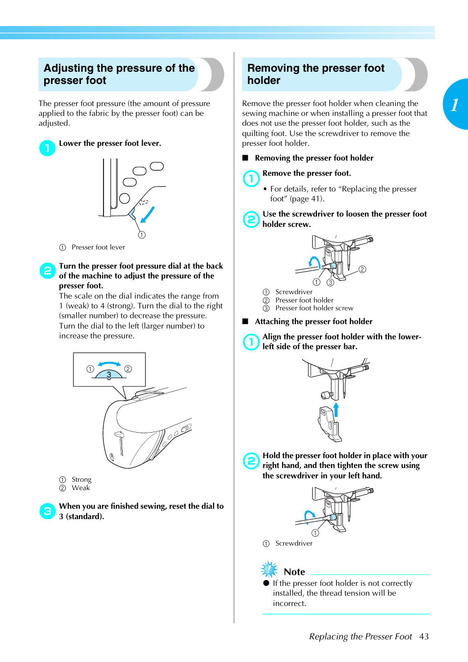 Adjusting the pressure of the presser foot, Removing the presser foot holder | Brother SB4138 User Manual | Page 45 / 176