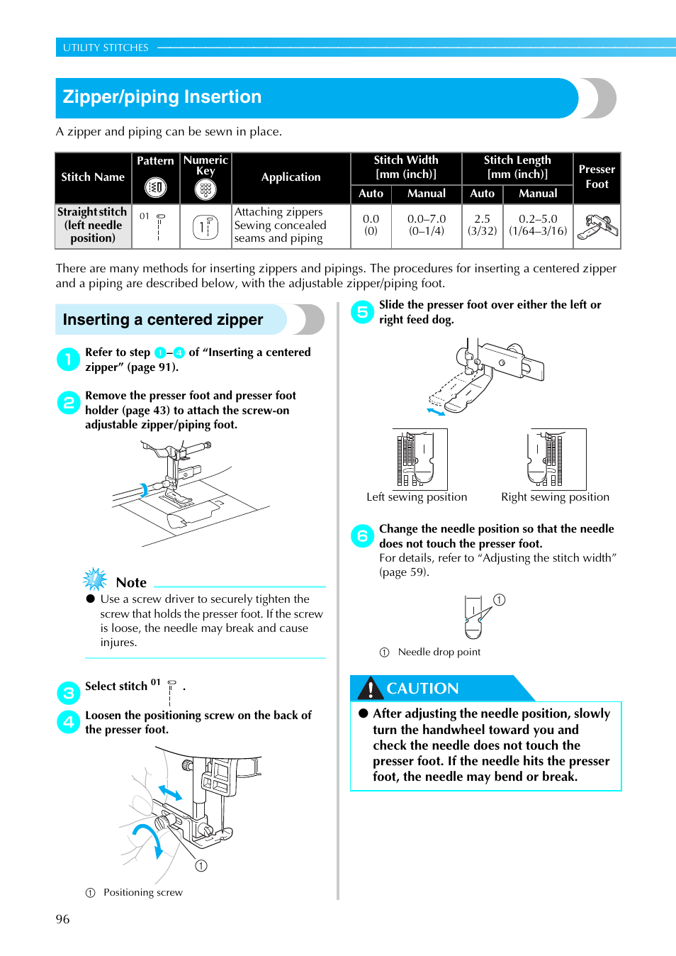 Zipper/piping insertion, Inserting a centered zipper, Caution | Brother SB4138 User Manual | Page 98 / 176
