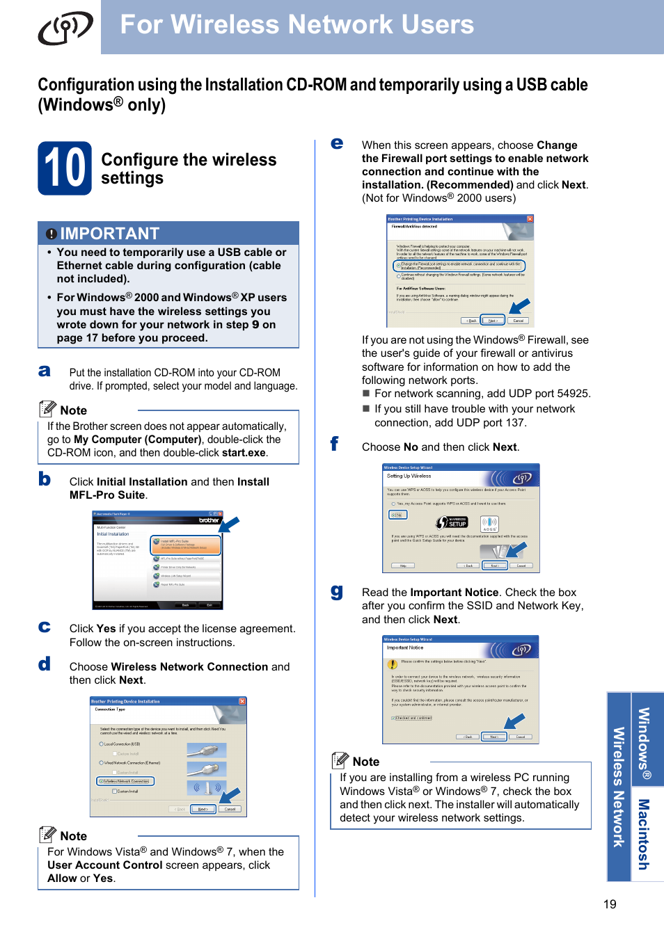 10 configure the wireless settings, For wireless network users, Only) | Configure the wireless settings, Important | Brother HL-2280DW User Manual | Page 19 / 35
