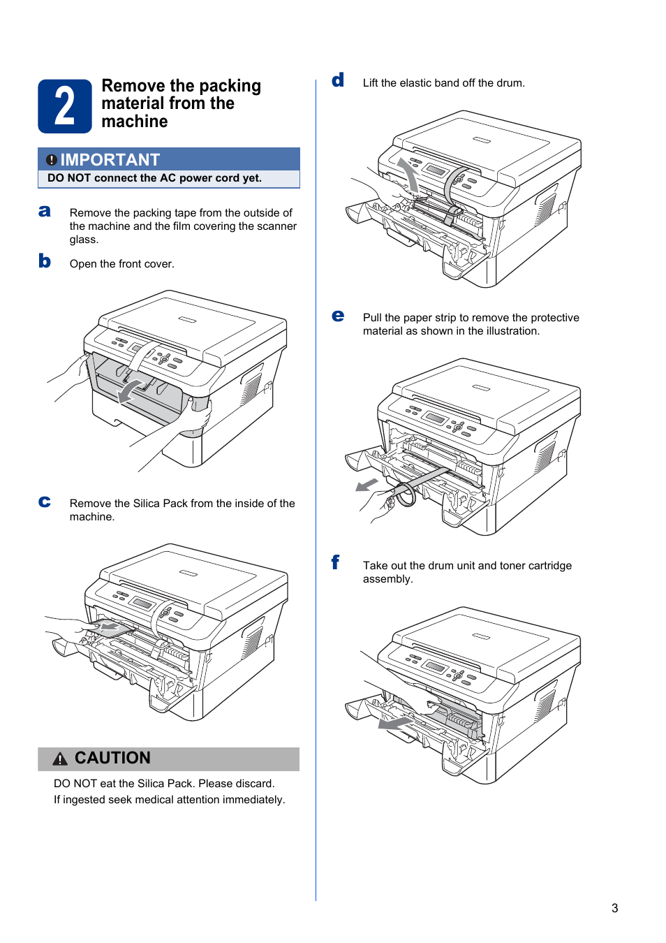 2 remove the packing material from the machine | Brother HL-2280DW User Manual | Page 3 / 35