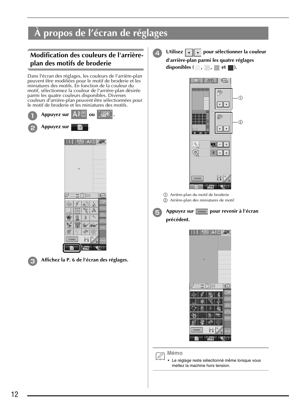 À propos de l’écran de réglages | Brother Innov-is 5000 User Manual | Page 38 / 76