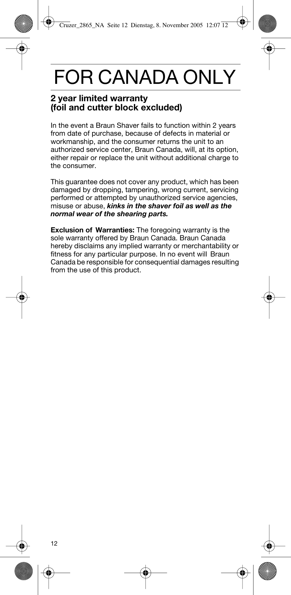 For canada only | Braun 2865 Cruzer3 User Manual | Page 11 / 23