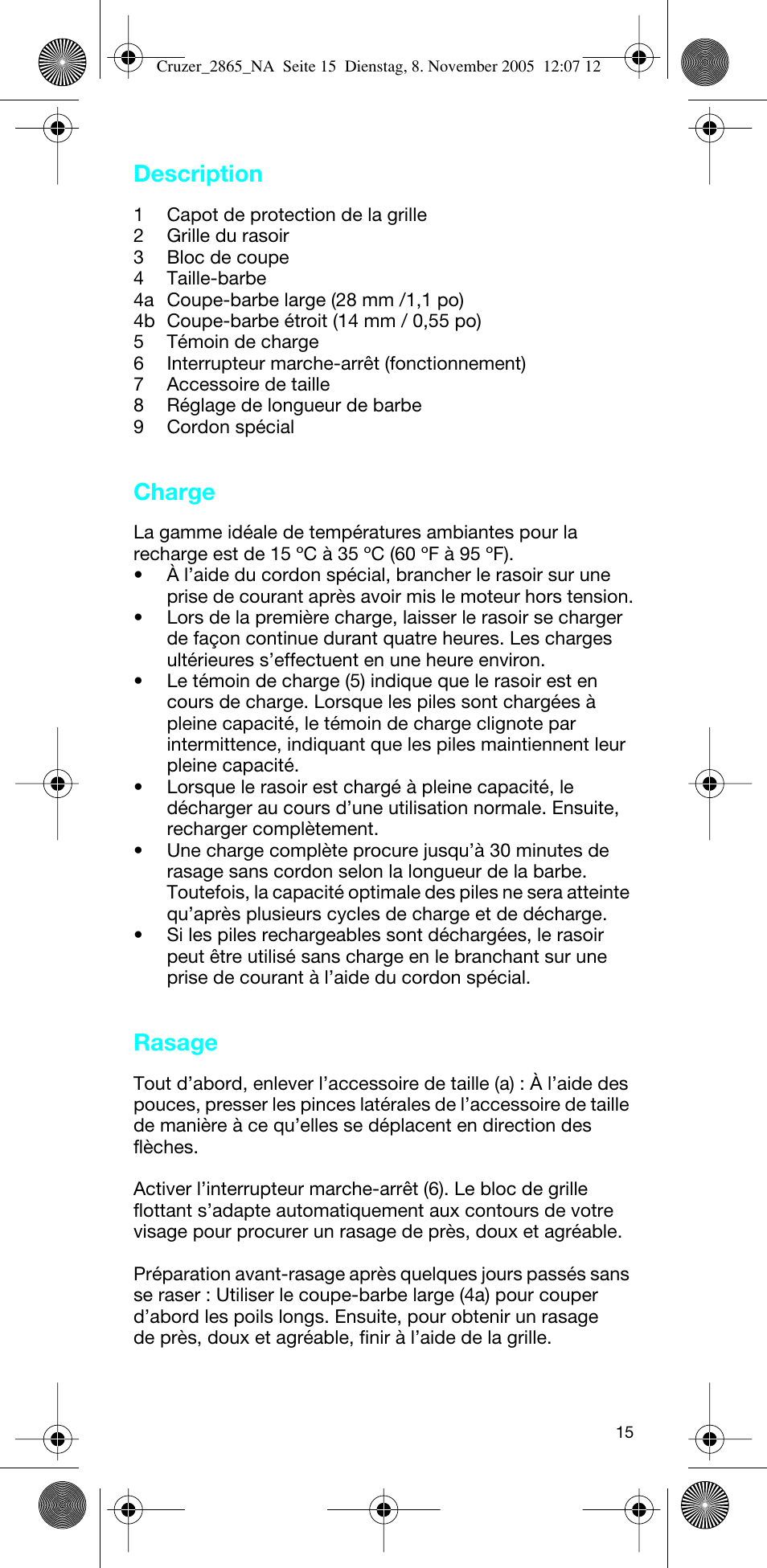Description, Charge, Rasage | Braun 2865 Cruzer3 User Manual | Page 14 / 23