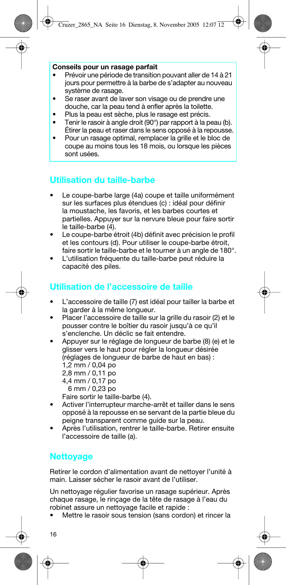 Utilisation du taille-barbe, Utilisation de l’accessoire de taille, Nettoyage | Braun 2865 Cruzer3 User Manual | Page 15 / 23