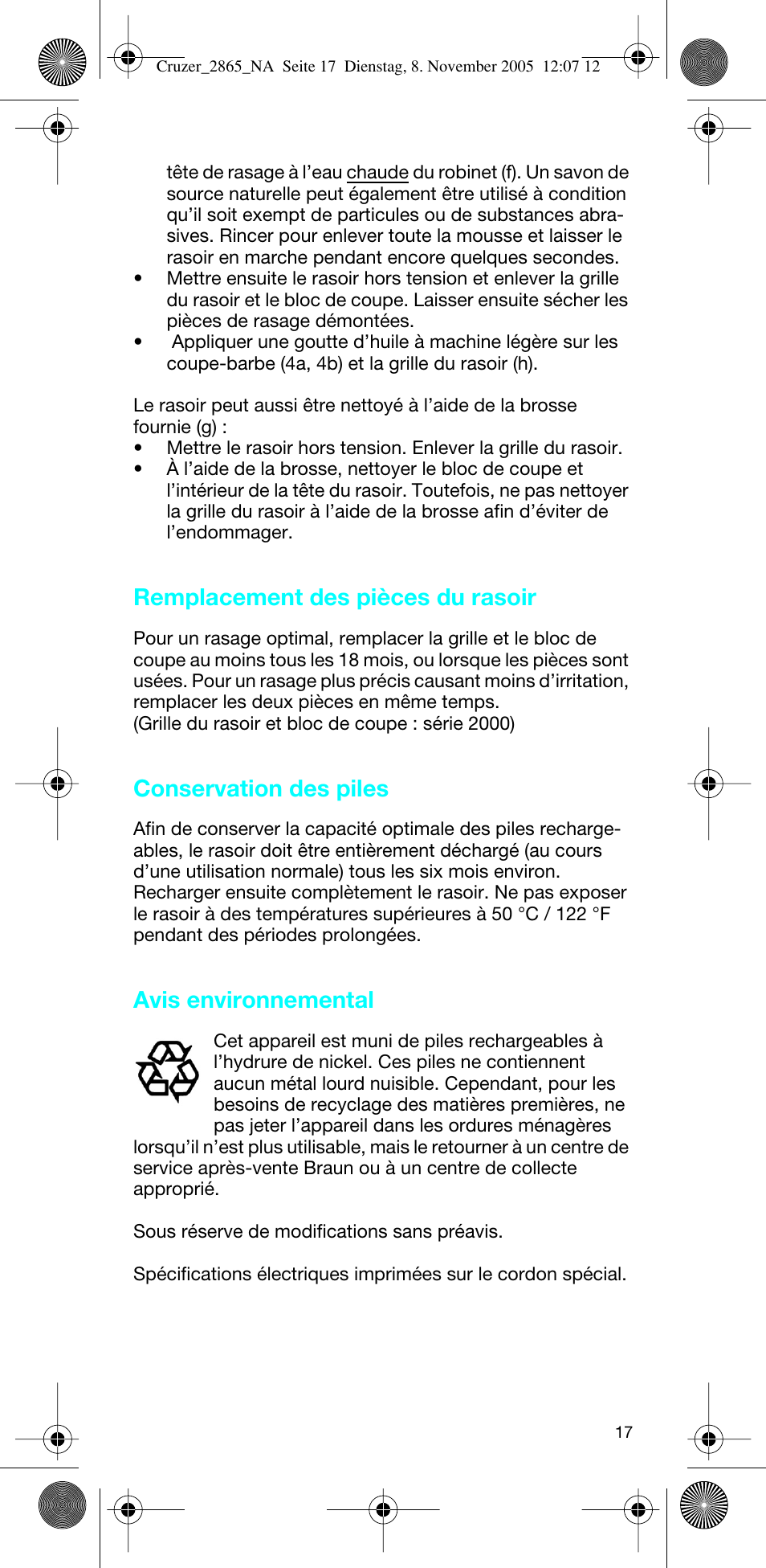 Remplacement des pièces du rasoir, Conservation des piles, Avis environnemental | Braun 2865 Cruzer3 User Manual | Page 16 / 23