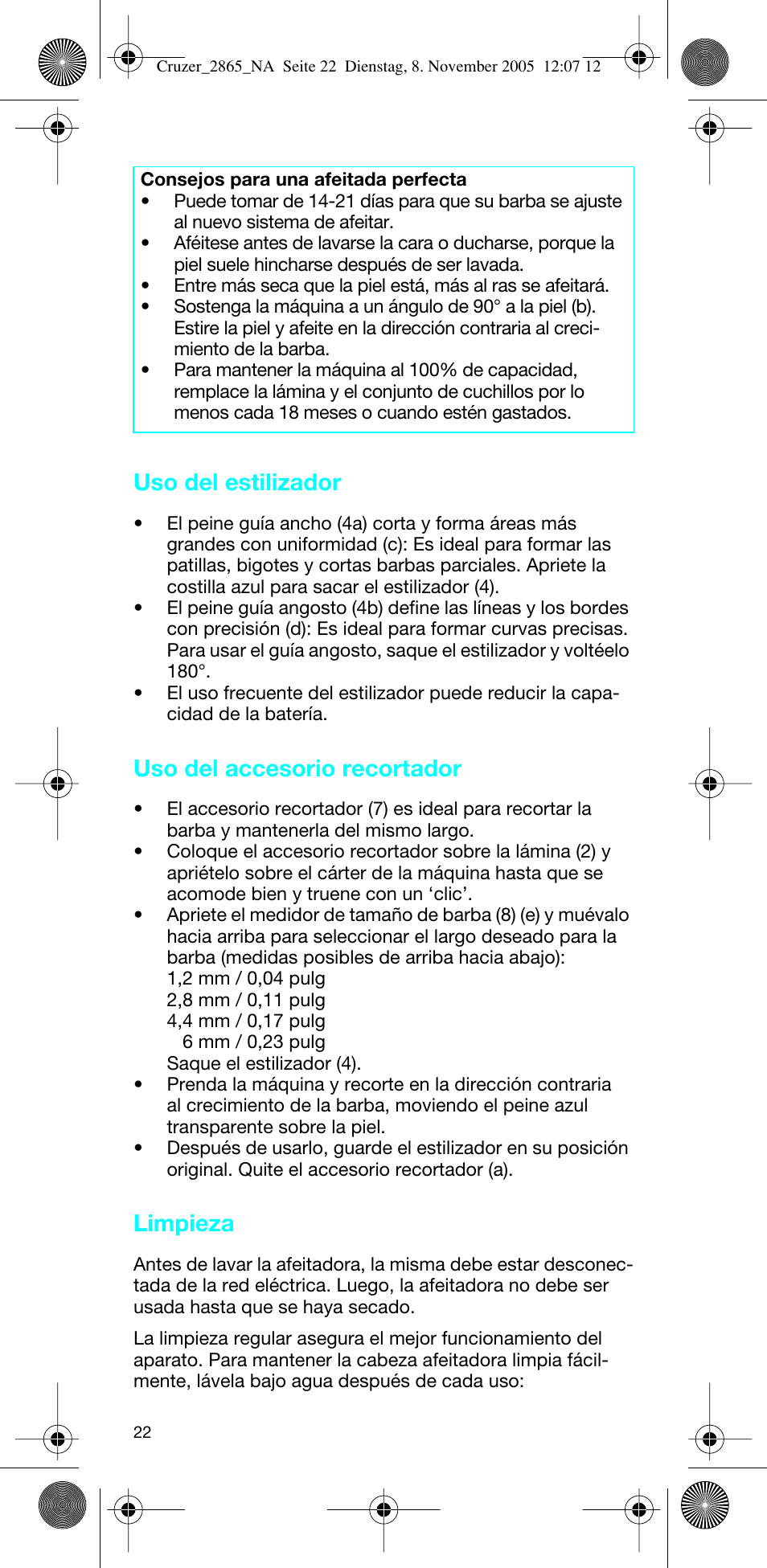 Uso del estilizador, Uso del accesorio recortador, Limpieza | Braun 2865 Cruzer3 User Manual | Page 21 / 23