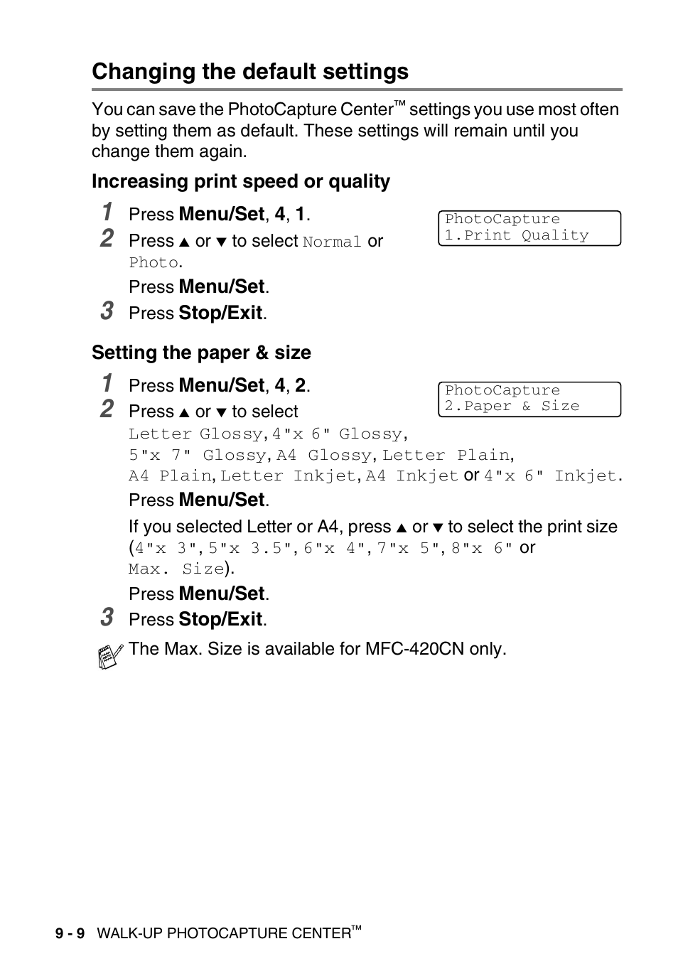 Changing the default settings, Increasing print speed or quality, Setting the paper & size | Changing the default settings -9 | Brother MFC-420CN User Manual | Page 106 / 200