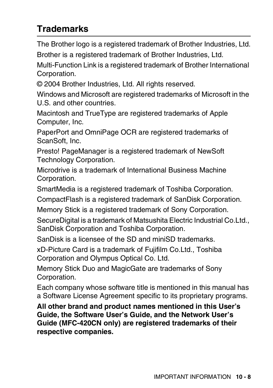 Trademarks, Trademarks -8 | Brother MFC-420CN User Manual | Page 119 / 200