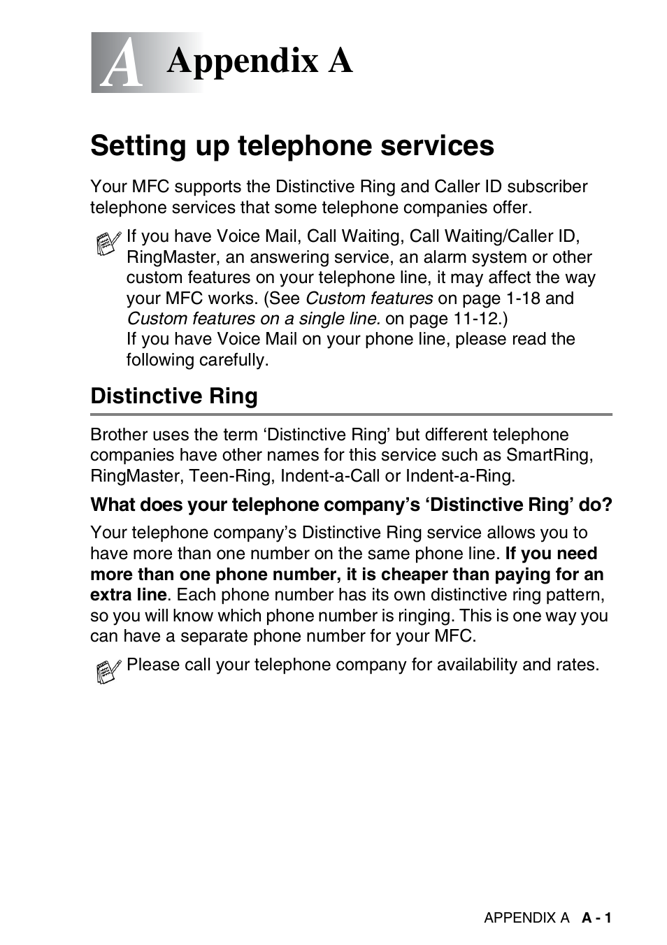 Appendix a, Setting up telephone services, Distinctive ring | What does your telephone company’s | Brother MFC-420CN User Manual | Page 147 / 200