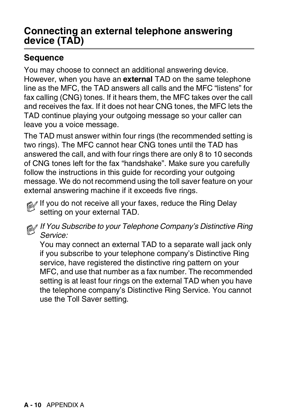 Sequence, Connecting an external telephone answering | Brother MFC-420CN User Manual | Page 156 / 200