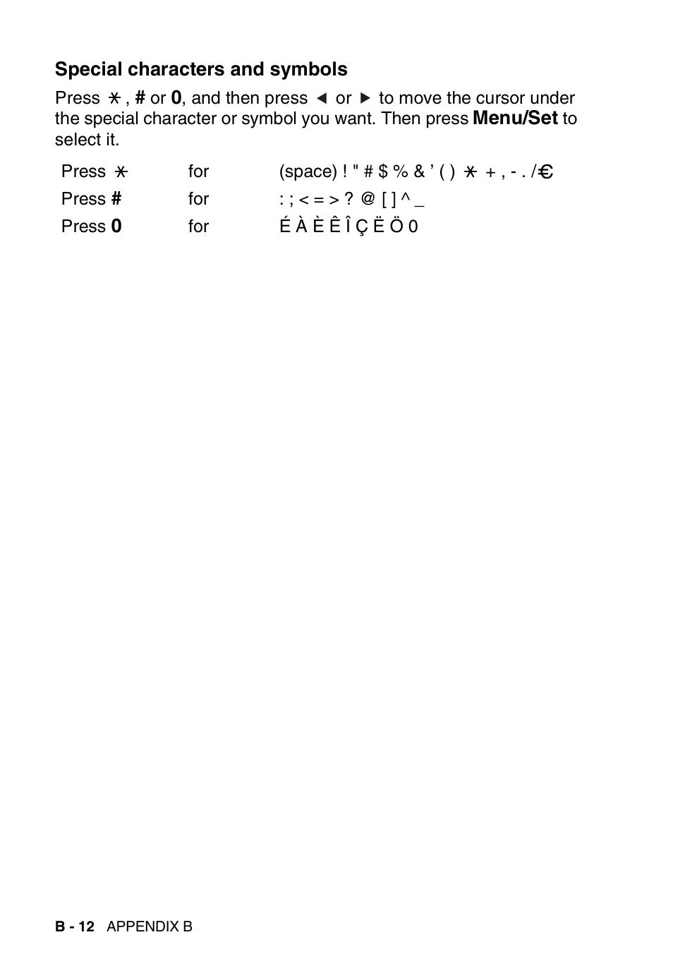 Special characters and symbols | Brother MFC-420CN User Manual | Page 174 / 200