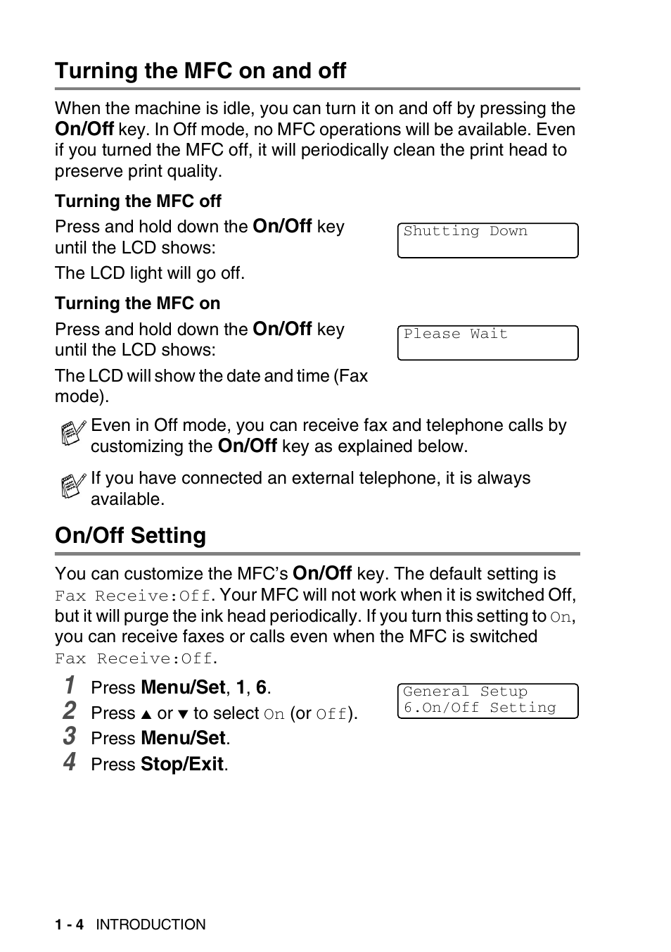 Turning the mfc on and off, On/off setting, Turning the mfc on and off -4 on/off setting -4 | Brother MFC-420CN User Manual | Page 24 / 200