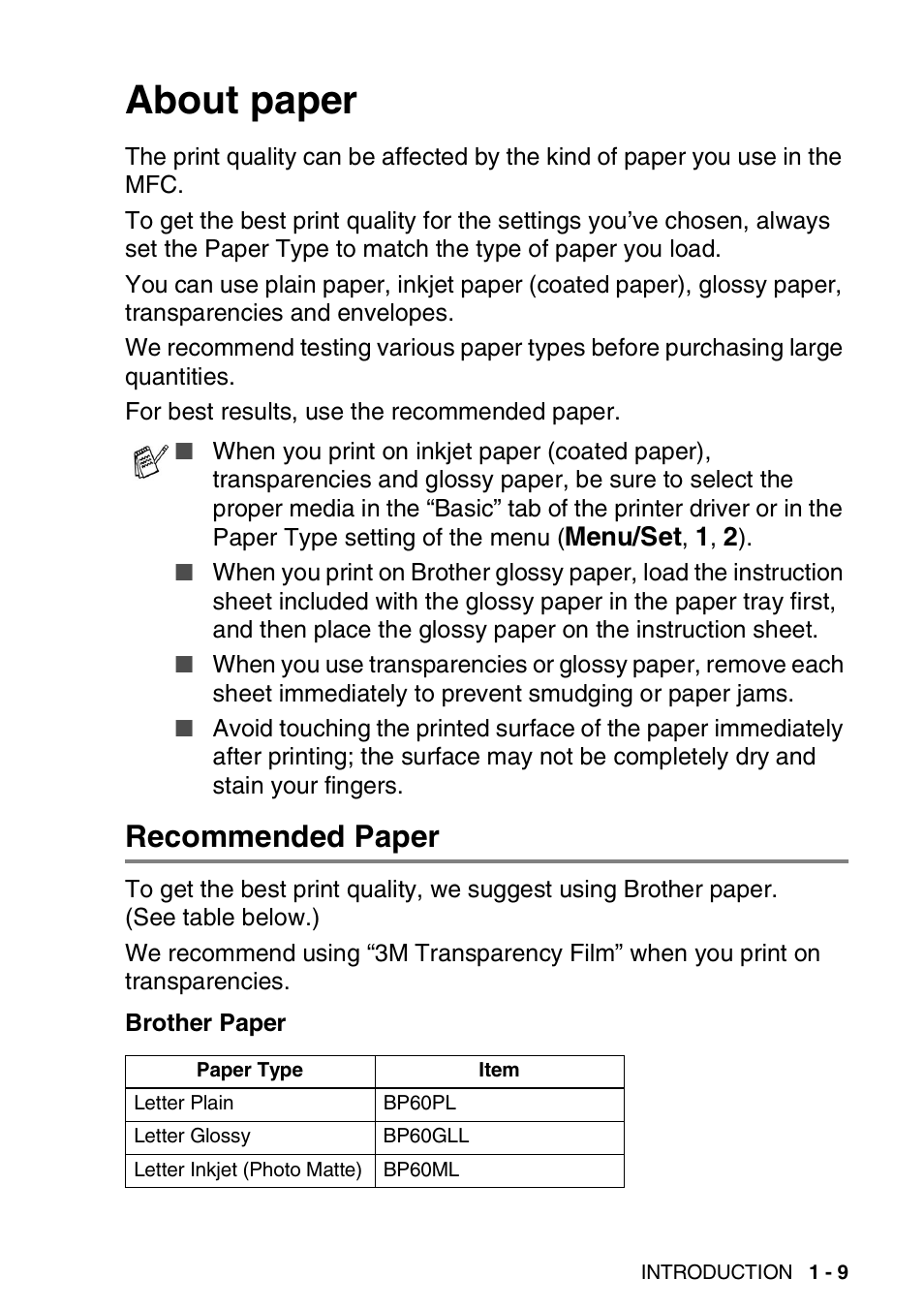 About paper, Recommended paper, About paper -9 | Recommended paper -9 | Brother MFC-420CN User Manual | Page 29 / 200