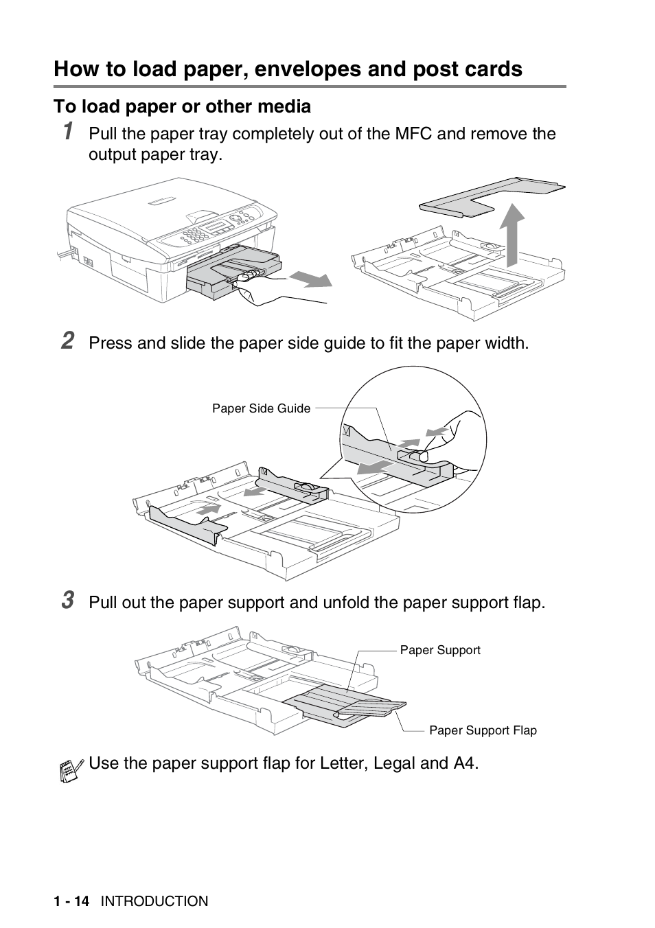 How to load paper, envelopes and post cards, To load paper or other media, How to load paper, envelopes and post cards -14 | To load paper or other media -14 | Brother MFC-420CN User Manual | Page 34 / 200