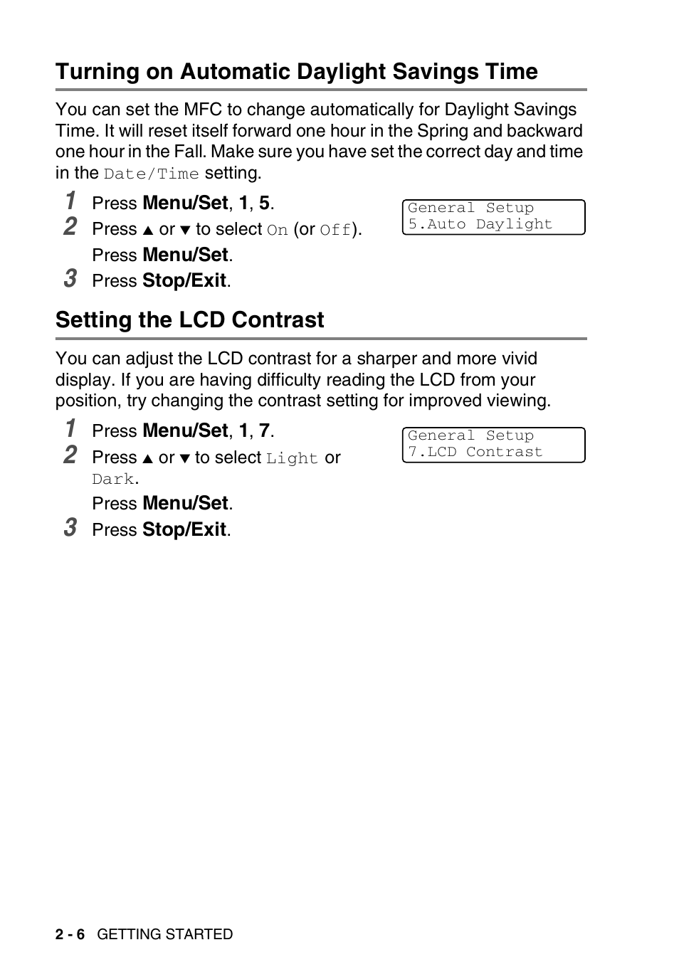 Turning on automatic daylight savings time, Setting the lcd contrast | Brother MFC-420CN User Manual | Page 46 / 200