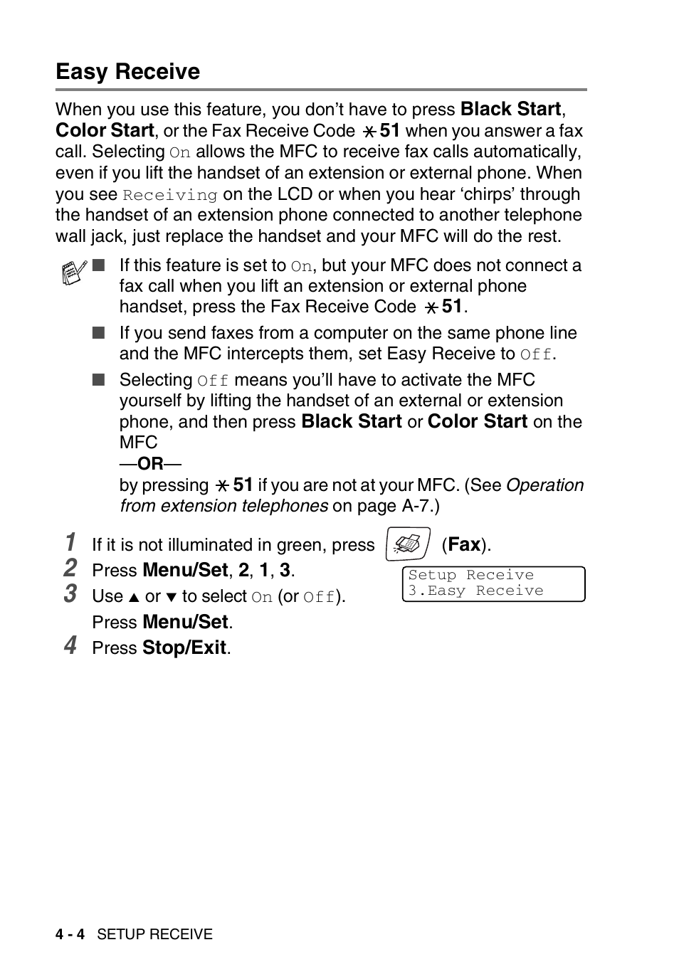 Easy receive, Easy receive -4 | Brother MFC-420CN User Manual | Page 64 / 200