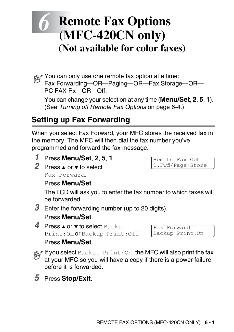 Setting up fax forwarding, Setting up fax forwarding -1, Remote fax options (mfc-420cn only) | Not available for color faxes) | Brother MFC-420CN User Manual | Page 73 / 200