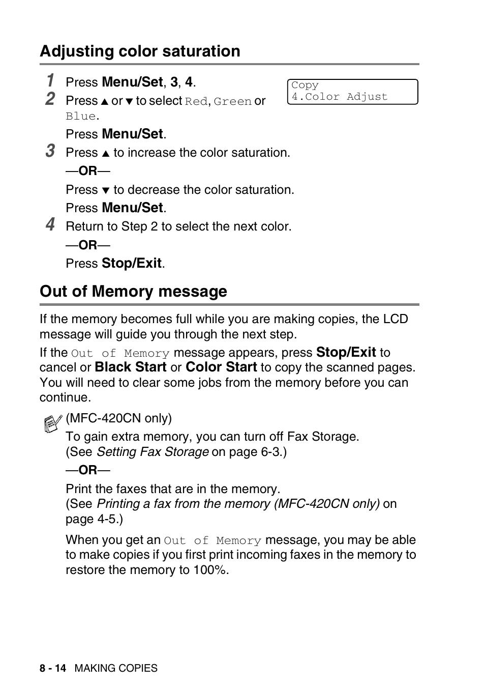 Adjusting color saturation, Out of memory message | Brother MFC-420CN User Manual | Page 96 / 200