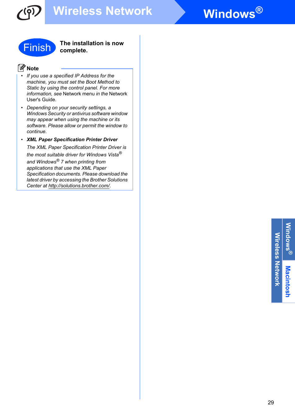 Windows, Wireless network, Finish | Brother HL-3075CW User Manual | Page 29 / 44