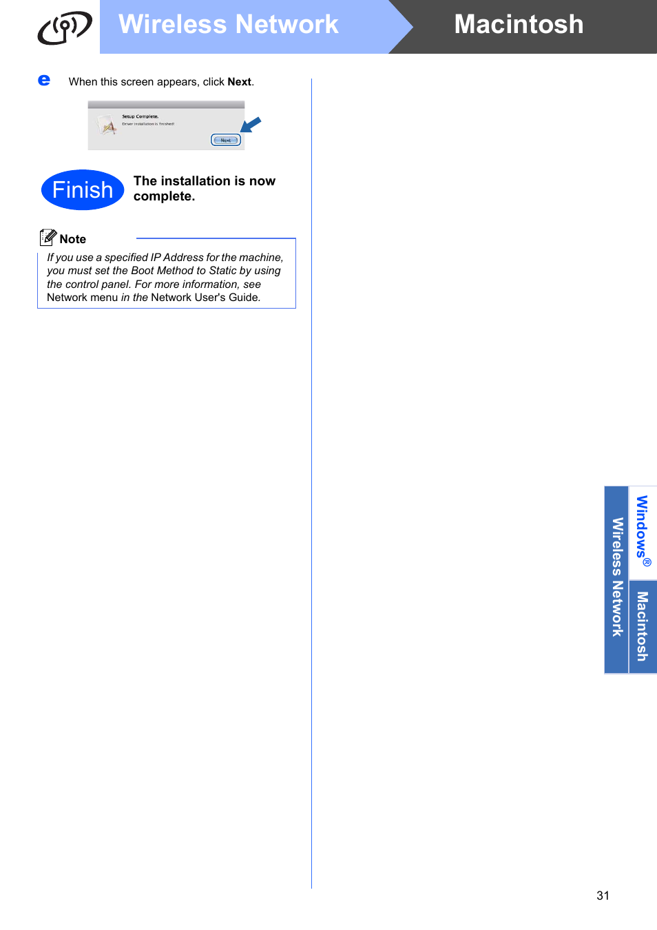 Macintosh wireless network, Finish | Brother HL-3075CW User Manual | Page 31 / 44