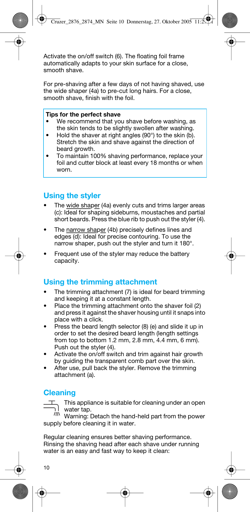 Using the styler, Using the trimming attachment, Cleaning | Braun 2874 Cruzer3 User Manual | Page 10 / 60